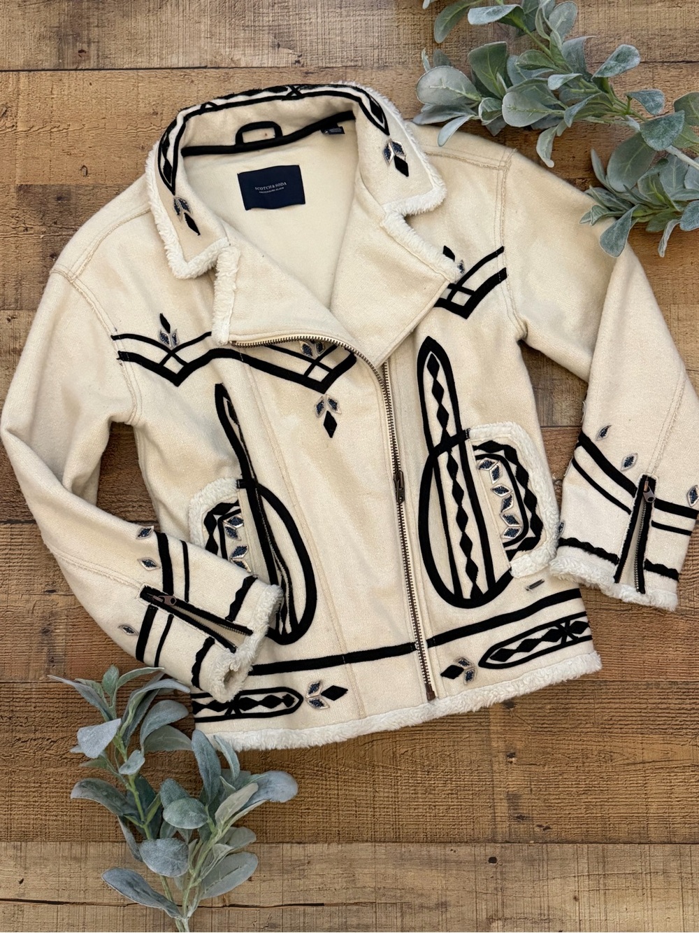Scotch & Soda Embroidered Cream Bomber Jacket Wool Blend⭐️AVAILABLE